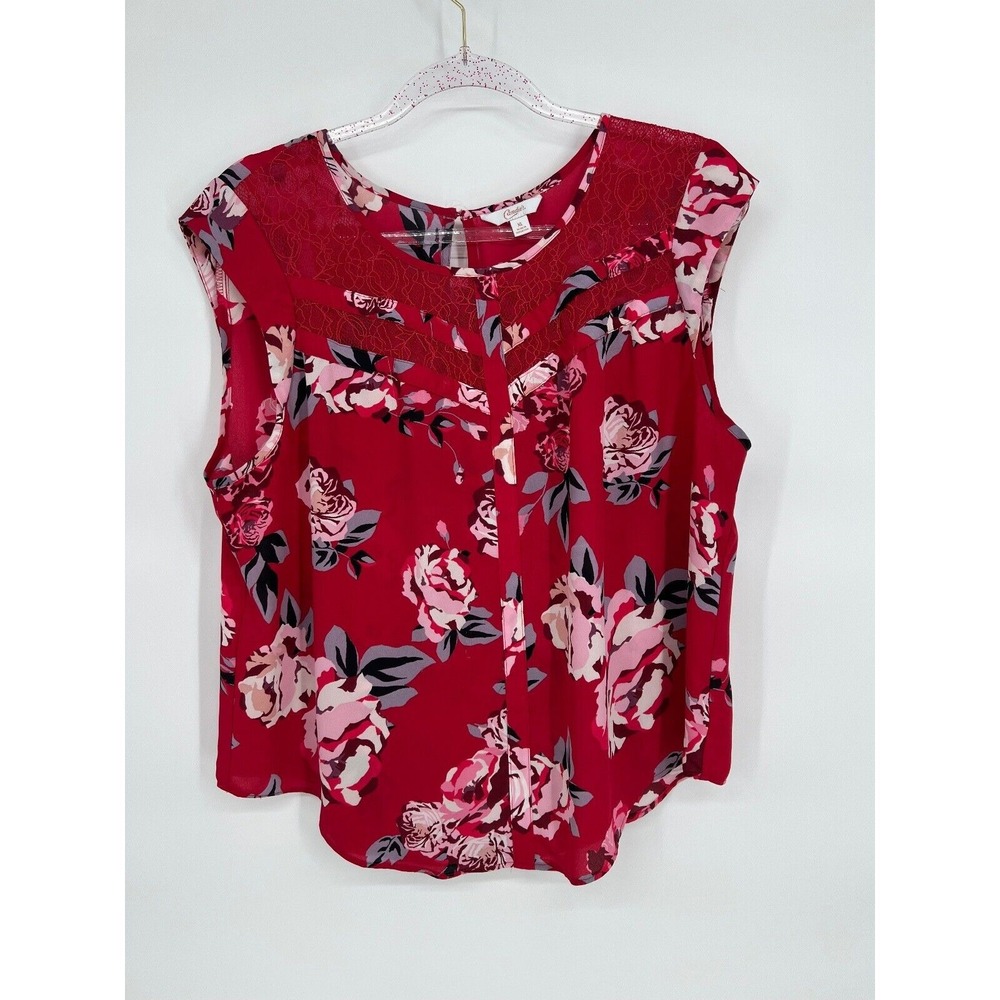 Candies Floral Blouse Lace Trim Sleeveless Top Red Pink XL